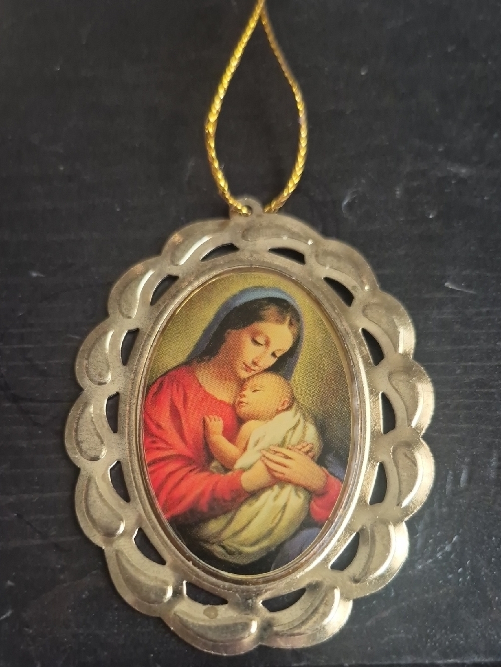 Religious Madonna and Child Pendant - Gold Tone with Red and Cream Illustration